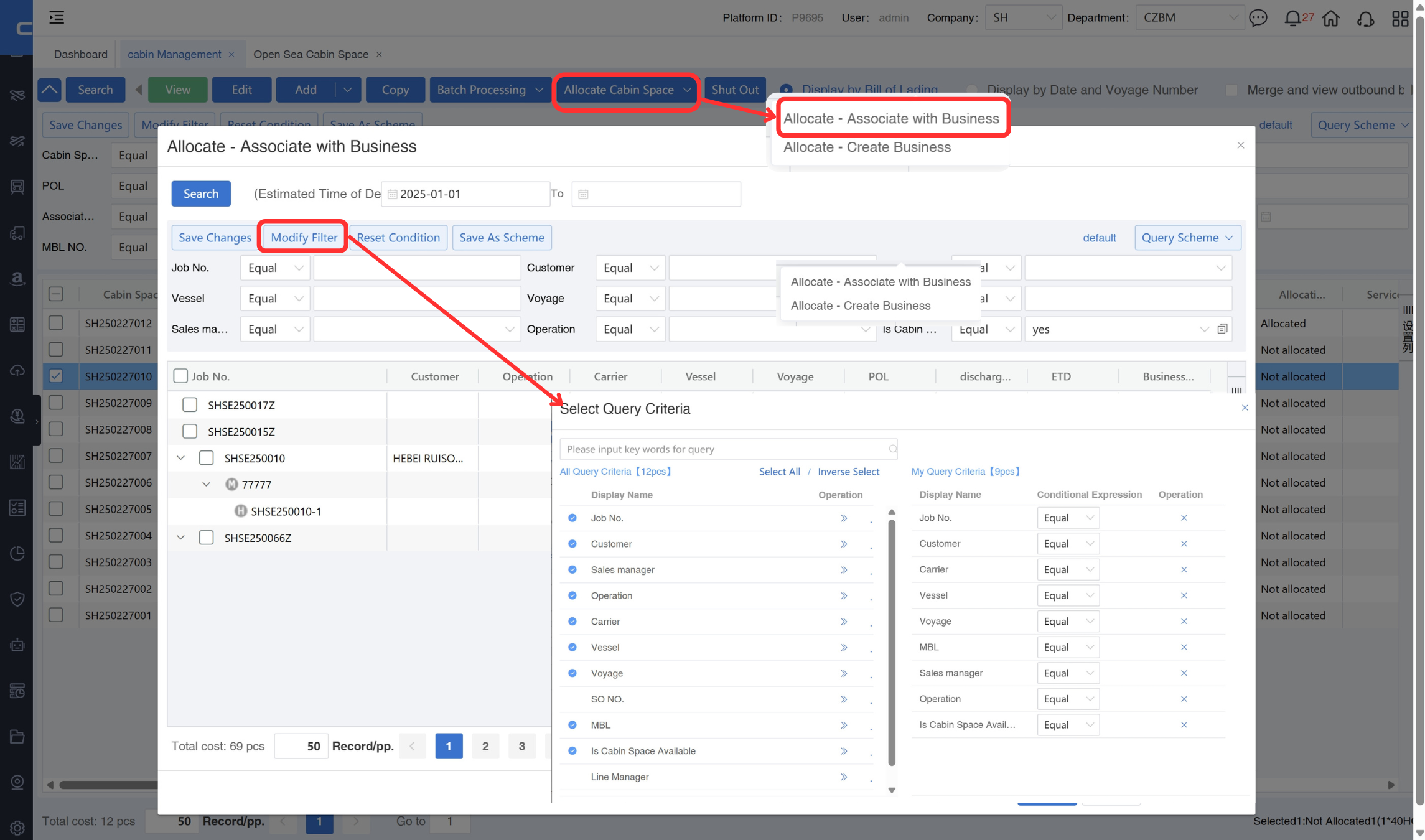 Link available space to an existing business order, with advanced multi-criteria search capabilities